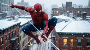 Spider-Man som svinger seg i en snødekt by