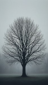 Een minimalistische lijnkunst silhouet van een kale boom in wintermist.