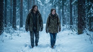 Joel and Ellie trekking through a snowy forest in The Last of Us. — The Last Of US Wallpaper