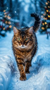 Ocicat berjalan di salju dengan lampu Natal