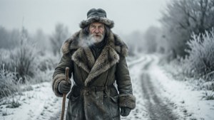 En koldtonet baggrund af Hél. Hubert, der vandrer gennem en snefyldt vinterscene.