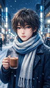 Mio geniet in de winter van warme chocolademelk in de sneeuw