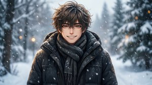 Grumec genießt einen verschneiten Tag in einem gemütlichen Winteroutfit und lächelt herzlich.