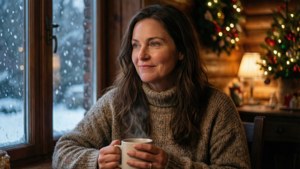 Katherine Barrell njuter av en varm dryck en snöig dag.