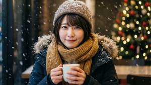 Haruka Hashida njuter av en varm dryck i en snöig vinterscen med julbelysning.