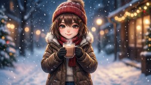 Momo in abbigliamento invernale, con cioccolata calda, scena di neve, illustrazione accogliente.
