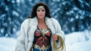 Lynda Carter como Mulher-Maravilha em uma paisagem nevada.