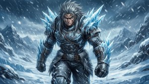 Frostbound warrior in icy armor stands amidst a blizzard on snowy mountains. — Gray Fullbuster Wallpaper