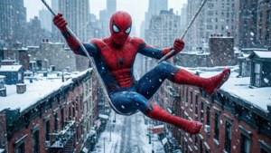 Spider-Man svinger sig gennem et sneklædt New York i denne vintertapet.