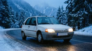 Valkoinen Citroën AX ajaa lumisen vuoristosolan läpi hämärässä.