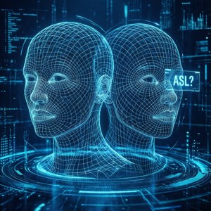 Tech square wallpaper with wireframe heads and text 'ASL?'.