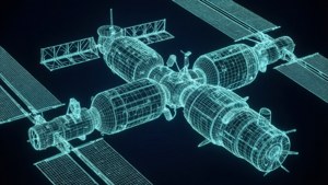 Renderização wireframe ciano da ISS com uma estética digital tecnológica