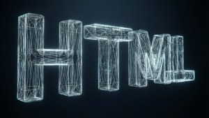 Letras H T M L em wireframe 3D flutuando no espaço com bordas brilhantes.
