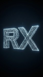 Formas geométricas wireframe formando o logotipo RTX com bordas brilhantes.