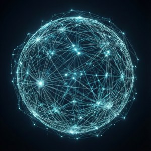 Futuristisk 3D wireframe-sfære med glødende noder.