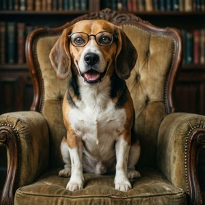 Beagle with glasses sitting in a vintage armchair in front of bookshelves. — Beagle Picture
