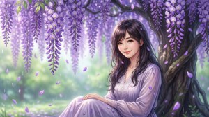 Miyo under ett blommande wisteriaträd med fallande kronblad