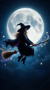 Emu Otori als Hexe, die unter einem Vollmond mit Sternen auf einem Besen fliegt.