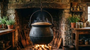 A cozy cottage kitchen with a hanging cauldron over a fire — Cauldron Picture