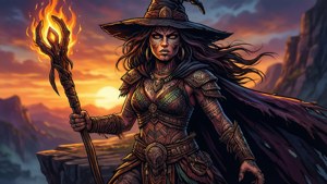 Badass Hexe Kriegerin mit flammendem Stab auf Klippe bei Sonnenuntergang, Stammestätowierungen