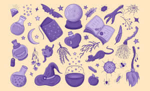 Raccolta di oggetti di stregoneria come scope, calderoni e libri di incantesimi in tonalità viola. — Witchcraft Sfondi