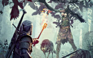 Warrior with torch faces off against a skeletal forest monster with crows and wolves. — Witcher 3 Background