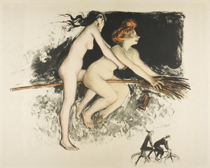 Witches by Jean Veber, created 1900, in Lithograph from three stones in black (lavis and crayon), orange-red, and yellow, with remarque, on cream wove paper, la — Painting Picture