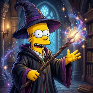 Bart Simpson dressed as a wizard casting a spell in a library