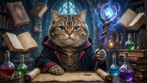 A wizard boss cat with staff in magical study, fantasy wallpaper. — Boss cat Picture