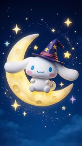Cinnamoroll on crescent moon in wizard hat with stars, dreamy night — Cinnamoroll Halloween Wallpaper