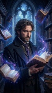 Alexander Runciman als tovenaar in een magische bibliotheek