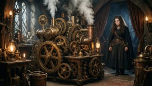 A oficina steampunk do Mago com Elphaba observando