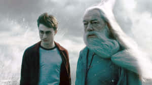 Harry Potter et Albus Dumbledore dans une scène magique orageuse — Sorcier Sombre Fonds d'écran