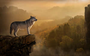 Loup sur la falaise surplombant la forêt d'automne brumeuse au lever du soleil — Loup en automne Fonds d'écran
