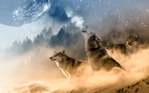 Three wolves howl on a misty mountain under a giant moon and stars. — Wolf Wallpaper