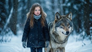 Une fille marchant avec un loup dans une forêt enneigée en hiver.