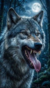 Een antropomorfe wolf die kwijlt onder maanlicht.