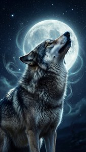 A gray wolf howling at the moon in digital art.