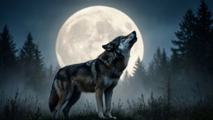 Un loup solitaire hurlant à une pleine lune géante dans une forêt brumeuse