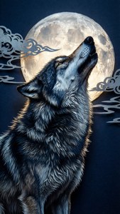 Eine nächtliche Papierschnitt-Szene mit einem Wolf und detailreichem Himmel, ideal für vertikale Bildschirme.