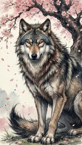 Langer Wolf im japanischen Aquarellstil, künstlerisches Bloody Roar Tapeten