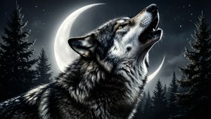 Monochromes Hintergrundbild eines heulenden Wolfs vor einem Halbmond.
