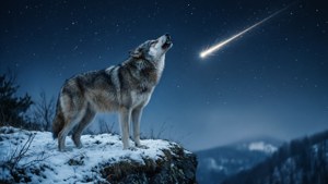 Een dramatisch tafereel van een wolf die huilt onder een vallende ster op een besneeuwde klif.