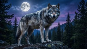 Un lupo maestoso in una pineta illuminata dalla luna, che evoca solitudine selvaggia.