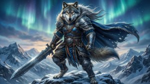 Antropomorf ulvekriger i episk fantasy-landskab tapet