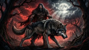 Eine dramatische Verwandlung eines Mannes in einen Wolf im Mondlicht im Cartoon Saloon-Stil