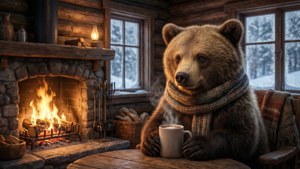 Een gezellige berenwelp Womp Womp geniet van warme chocolademelk bij een open haard in een besneeuwde hut.