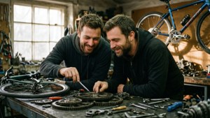 Luca et Alberto explorent un atelier, apprenant à connaître les vélos et les outils.