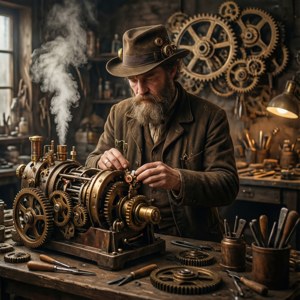 Sans värkkää koneiden kanssa steampunk-pajassa.