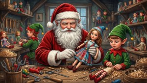 Sra. Claus ajuda os elfos a fazer brinquedos de Natal.